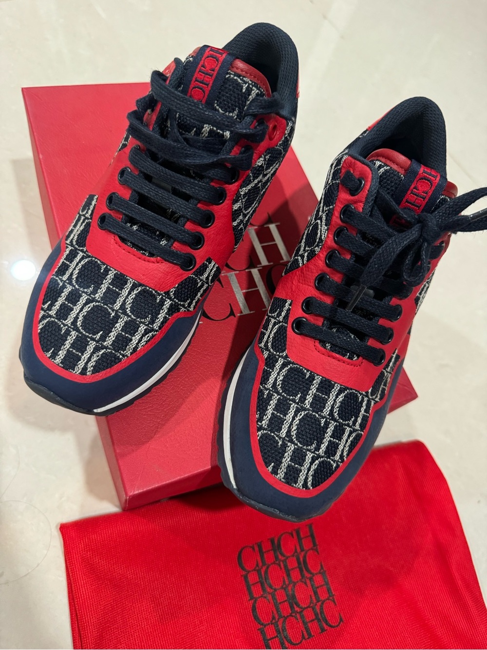 Carolina Herrera Navy & Red Monogram Lace-Up Sneakers